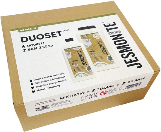 Doos met Jesmonite AC100 Duoset 1L liquid en 2,5kg base.