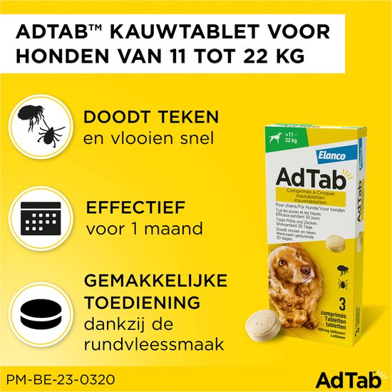 AdTab kauwtabletten voor honden van 11-22 kg. Toont een hond en de verpakking. Tekst: 'Doodt teken en vlooien snel'.