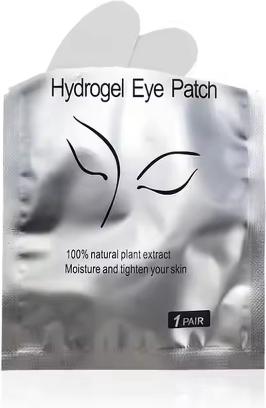 Zilveren verpakking met 'Hydrogel Eye Patch' logo en een illustratie van ogen. Bevat 1 paar.