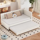 Merax Multifunctioneel Eenpersoonsbed 90x200 cm met Extra Uitschuifbaar Bed 90x190 cm - Slaapbank met Lattenbodem - Beige Fluweel