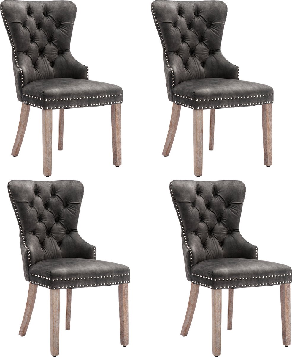 Merax Eetkamerstoelen Set van 4 - Luxe Fluwelen Stoel met Massief Houten Poten - Deurklopper Detail op Rugleuning - Grijs