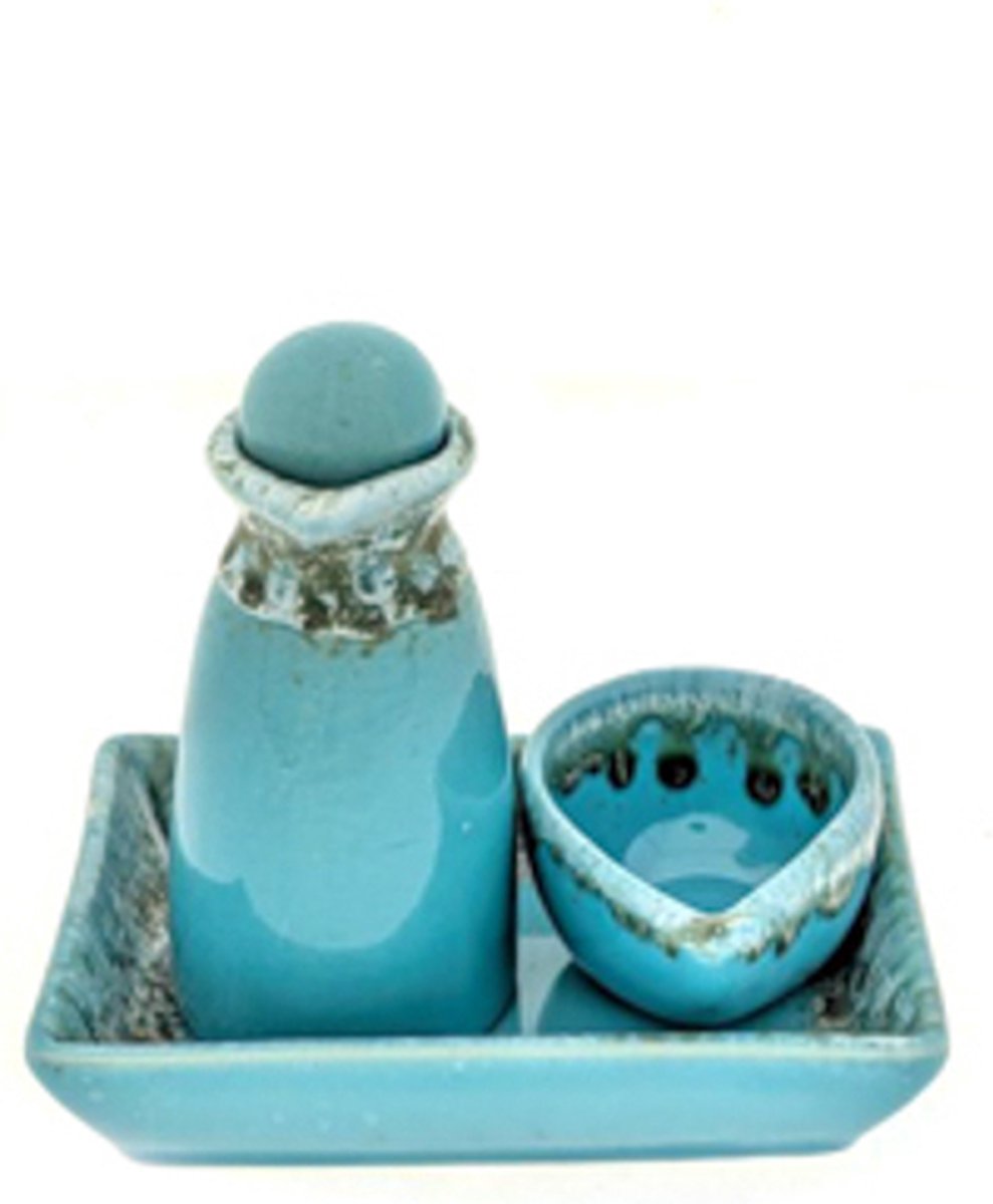 Goedkoopste Scrubsetje - Massageolie setje - Oliesetje -Scrubset Keramiek - Massage-olie karaf “oceaanblauw”