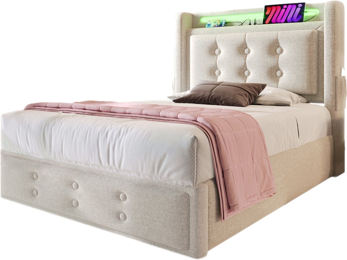 Merax Gestoffeerd Bed 90x200 cm met LED Hoofdbord - USB-C Laadfunctie en Hydraulisch Opslagsysteem - Inclusief 7-Zone Matras - Beige