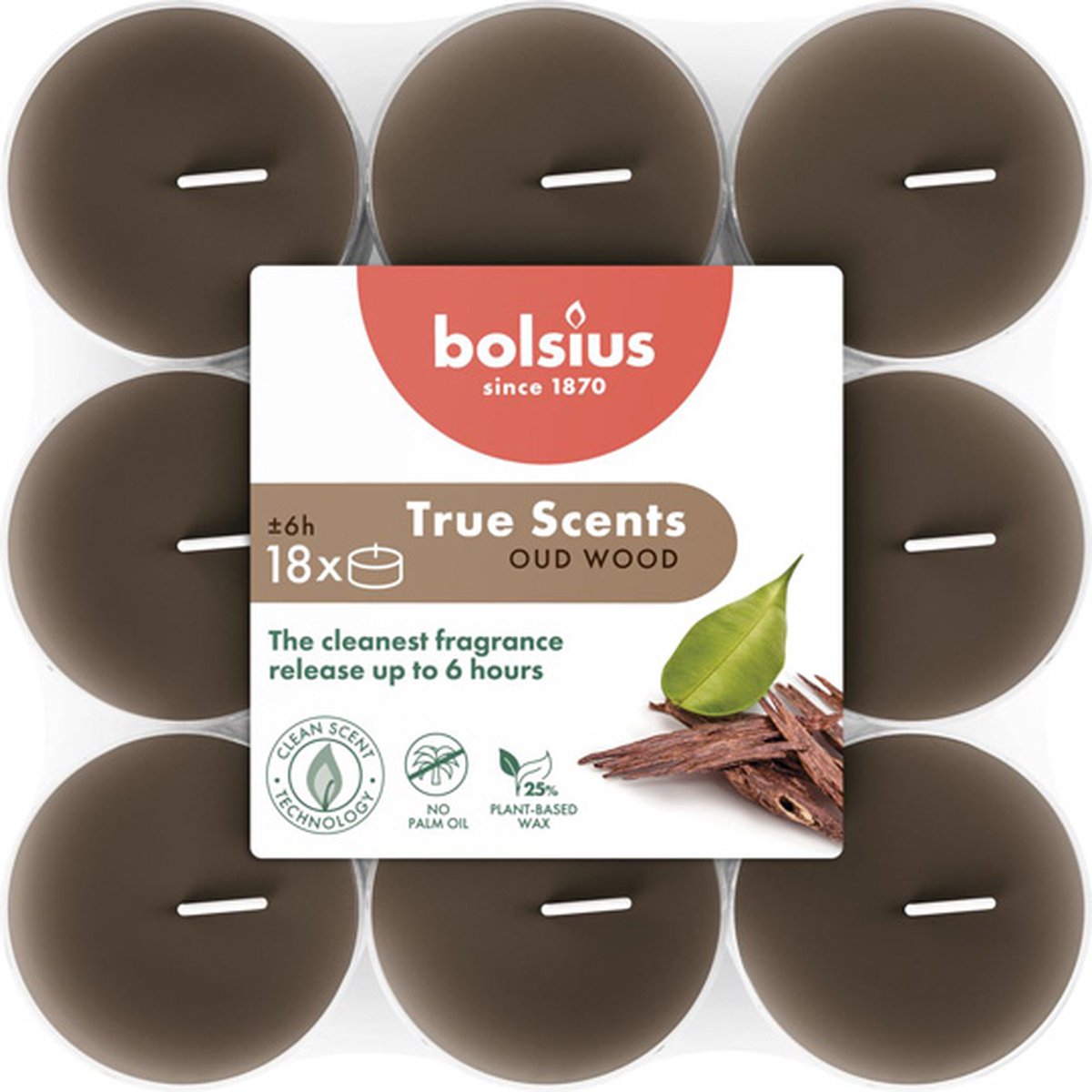 108 stuks Bolsius oud hout - oud wood geurtheelichtjes (6 uur) clear cups True Scents