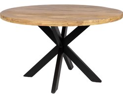 Eettafel Thom - 100cm rond - bruin- massief hout - metalen kruispoot