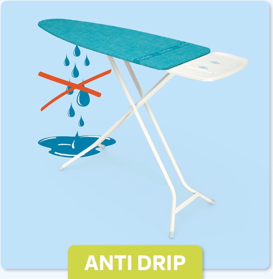 Turquoise Airpro strijkplank met anti-druppelsymbolen en het "ANTI DRIP" logo.