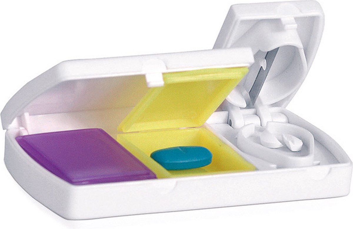 Goedkoopste 1x Medicijnen doos/pillendoos 2-vaks met mesje splitter/splitser 9 cm - Reisformaat - Drogisterij/persoonlijke verzorging accessoires