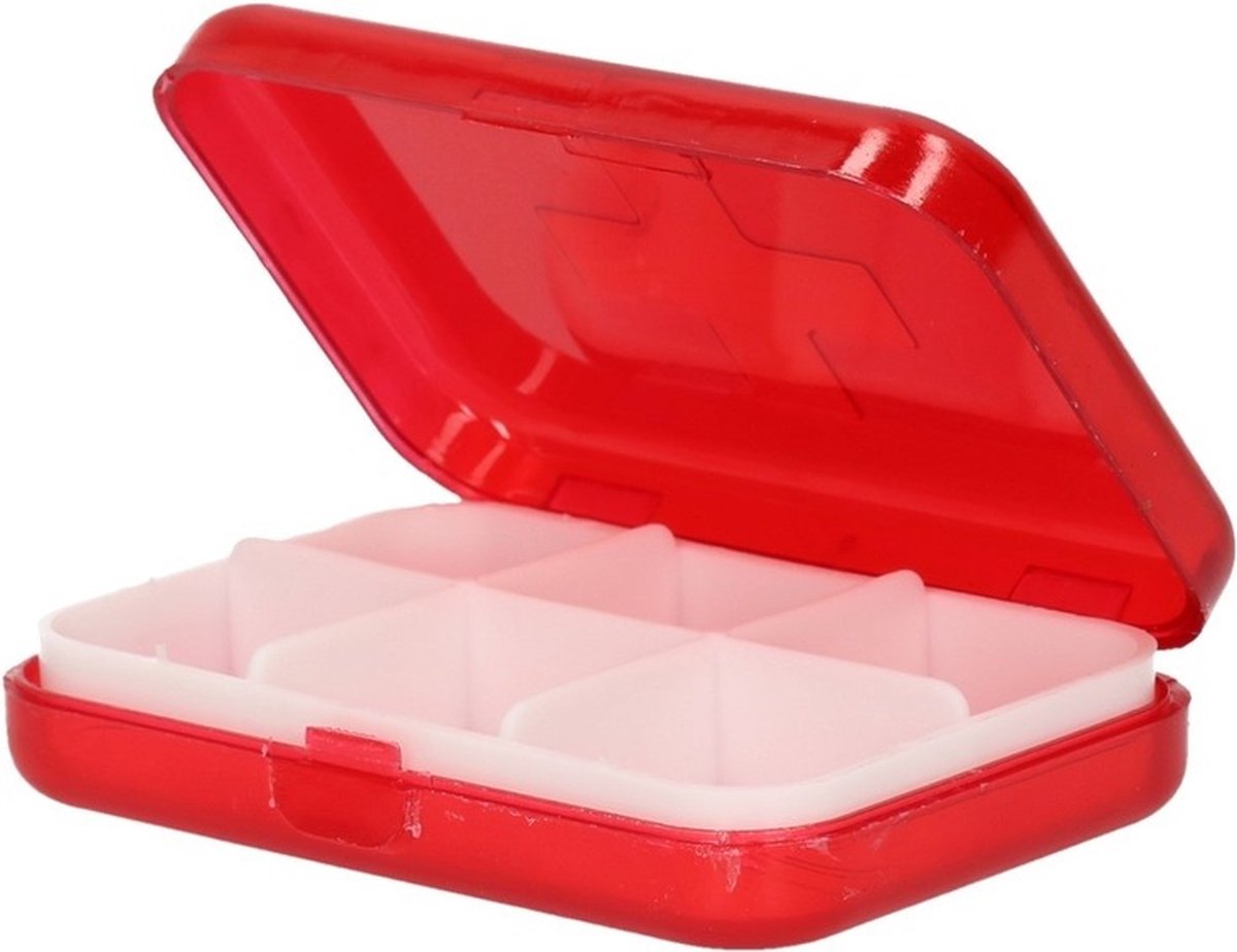 Goedkoopste Compact pillendoosje / medicijndoos - rood - 6 vakken - zakmodel