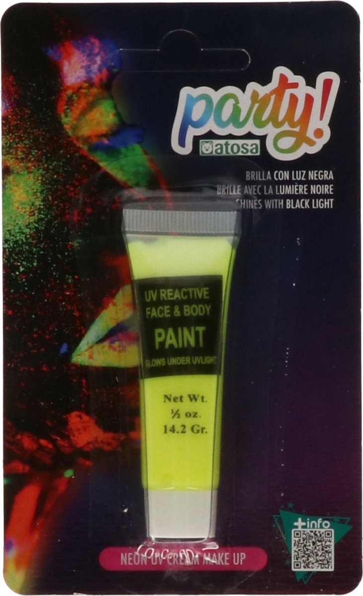 Atosa grimeer schmink - Glow in the Dark - neon geel - 14 gram - carnaval/verkleed thema - kind/volwassenen - lichtgevend
