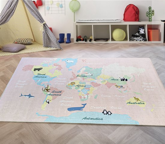 Teppium Kindertapijt Blauw, beer ontwerp, 16109, Vloerkleed Rechthoekig, Vloerkleed kinderkamer babykamer, 80 x 150 cm