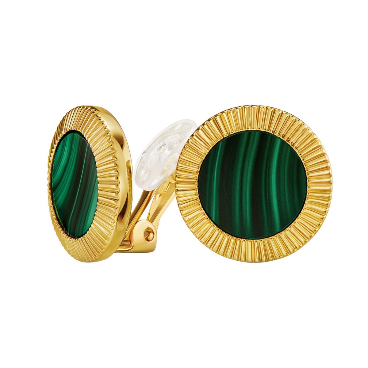 Traveller Clip Oorbellen - Oorclips Dames - 22ct Verguld - Echt Malachiet - Groen - Ø 15 mm - Uniek - 112508