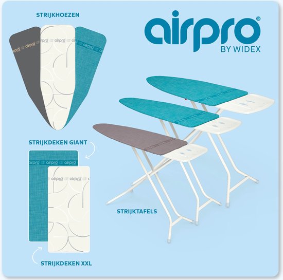 Airpro strijkhoezen in grijs, crème en blauw en strijktafels in turquoise en wit. Strijkdekens Giant en XXL in grijs en turquoise.
