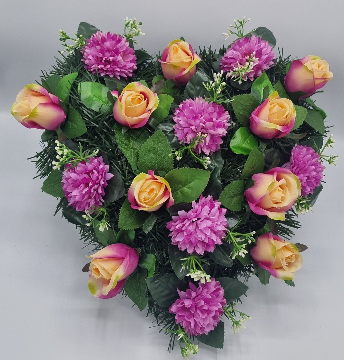 Bloemstuk - W115/09 - W932/07 - Hart - Roos - Anjer - Roze/Paars - 40cm - Verzwaard - Buigzaam - Grafdecoratie