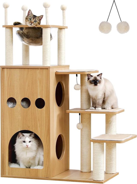 soges Kattenboom in industriële stijl, kattenkast met kattentoren, kattenboom, krabpaal, kattenhuis van hout