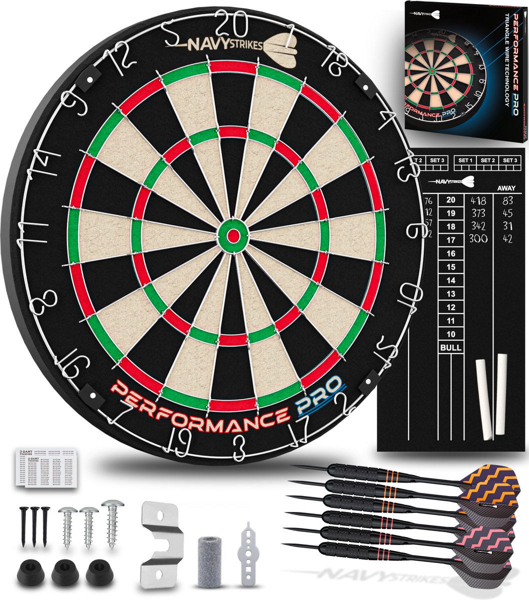 Navy Strikes Performance Pro Dartbord Set - Incl 6 Dartpijlen 23 gram en Scorebord - A Klasse Sisal - Triangle Wire - Toernooi Afmeting Dartsbord - Flights Darts en Dart Shafts