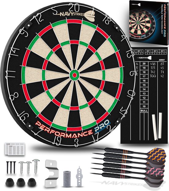 Foto: Navy strikes performance pro dartbord set incl 6 dartpijlen 23 gram en scorebord a klasse sisal toernooi afmeting flights darts en dart shafts