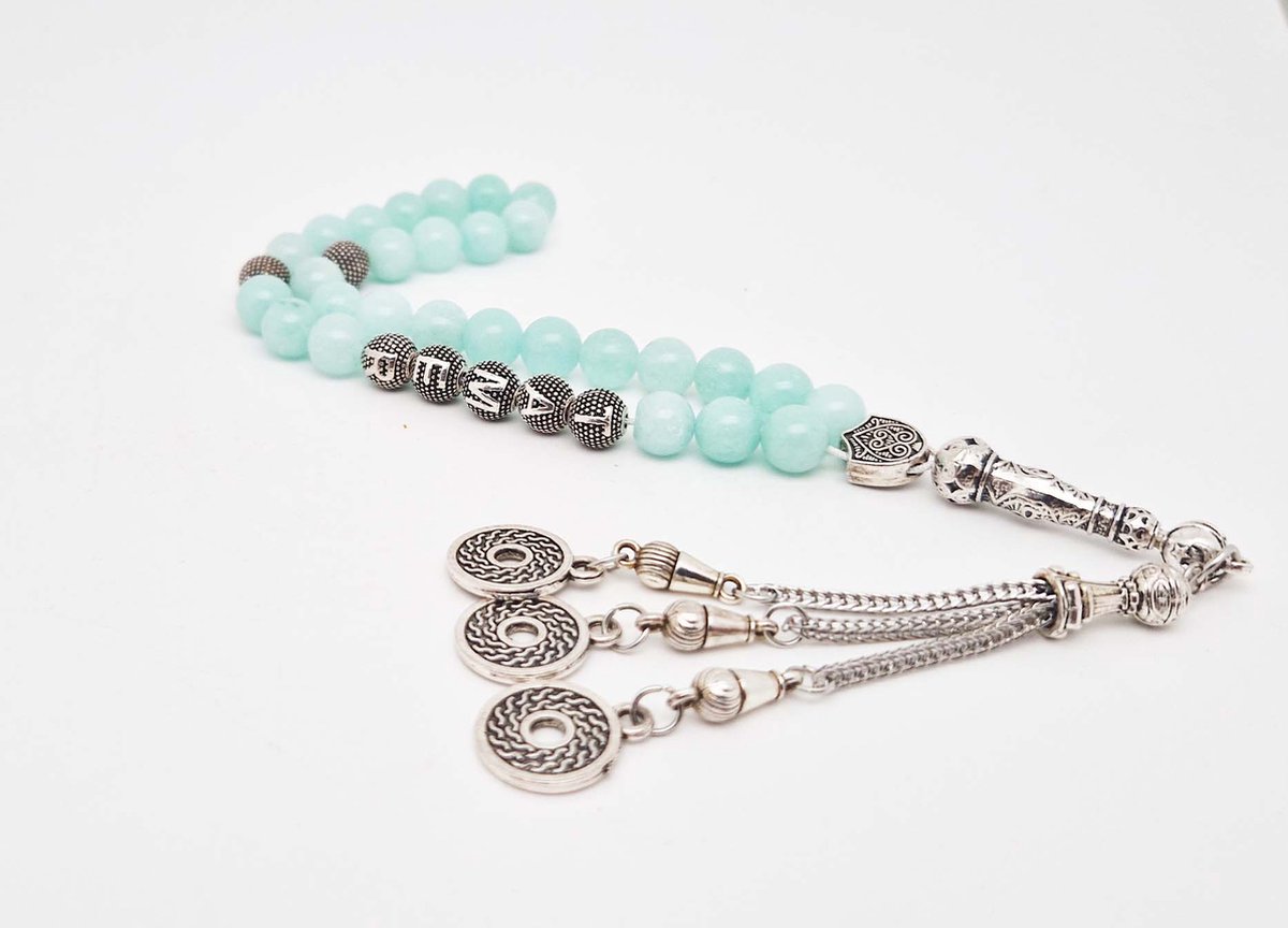 Handgemaakte naam tasbih 33 Kralen Natuursteen “ AAA Amazonium ” - met metaal tassel “Omarmen"- Met je naam of de naam van uw geliefde- 8 mm diameter van de korrel