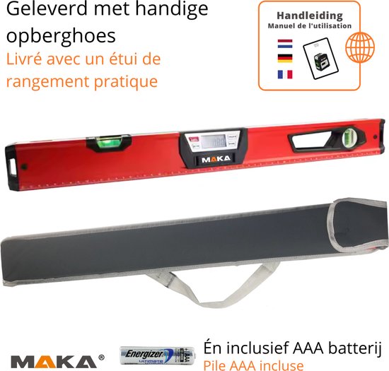 MAKA digitale waterpas, opberghoes en AAA batterij.