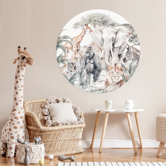 WallCircle - Papier peint cercle - Stickers muraux chambre d'enfant - Animaux - Jungle - Aquarelle - Enfants - Sticker mural - Décoration murale ronde - Sticker papier peint - Stickers muraux ronds - 120x120 cm - Stickers muraux - Sticker mural