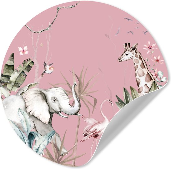 Behangcirkel - Muurstickers kinderkamer - Jungle - Wilde dieren - Roze - Meisje - Ronde wanddecoratie - Sticker behang - Ronde muursticker - 50x50 cm - Muursticker meisjes slaapkamer - Wandsticker - Plak stickers