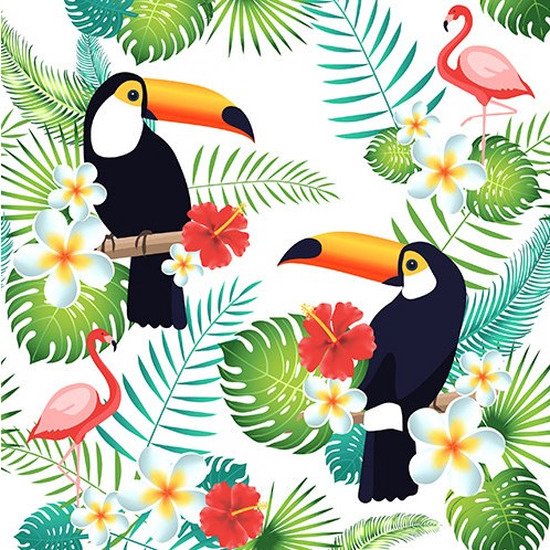 Servetten Hawaii/jungle thema - 40 x 40 cm - 60x stuks - Flamingo/toekan print - Tropisch kinderfeestje versieringen/decoraties
