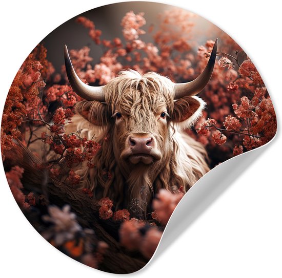 Ronde muursticker van een Schotse hooglander tussen roze bloesems.
