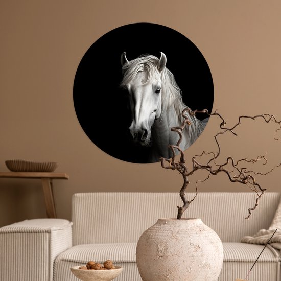 WallCircle® - Papier peint cercle 80x80 cm - Stickers muraux Cheval - Portrait - Zwart - Wit - Animal - Cercle mural salon - Cercle mural chambre - Décoration de pièce autocollante - Accessoires de Décoration murale