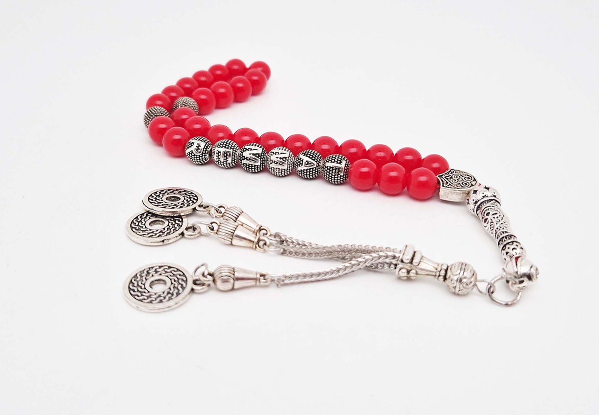 Handgemaakte naam tasbih 33 Kralen Natuursteen “ Bloedkoraal” - met metaal tassel “Omarmen"- Met je naam of de naam van uw geliefde- 8 mm diameter van de korrel