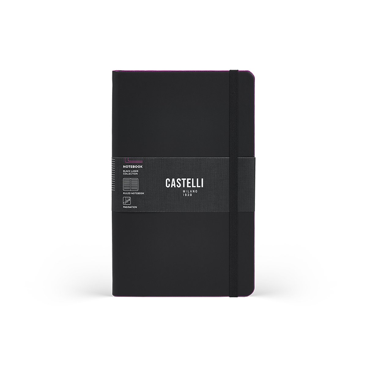 Notitieboek A5 Castelli Milano – 13×21 cm - Zwart - Black Laser / Fuchsia – gelinieerd – luxe Italiaans design – Made in Italy