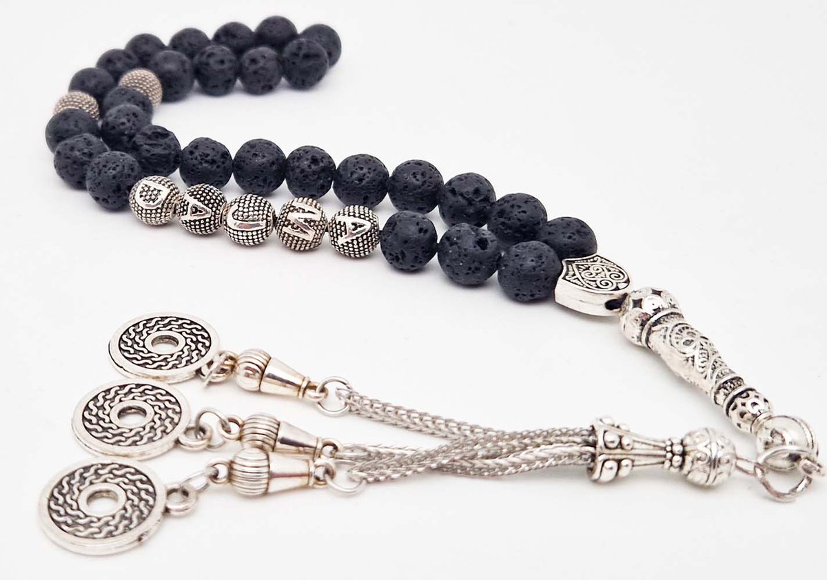 Handgemaakte naam tasbih 33 Kralen Natuursteen “Lava Donker ” - met metaal tassel “Omarmen"- Met je naam of de naam van uw geliefde- 8 mm diameter van de korrel
