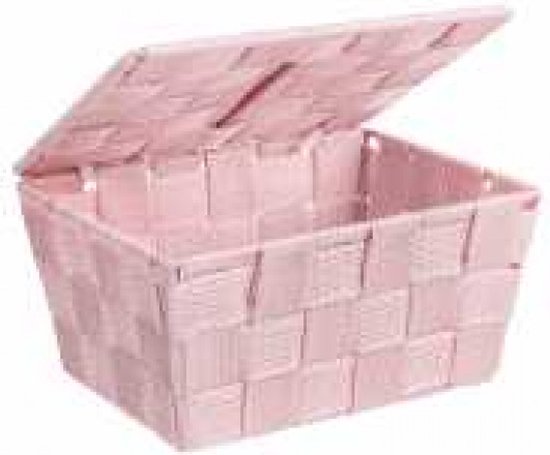 Roze rechthoekige opbergmand van Wenko met gevlochten patroon en een deksel dat half open staat.