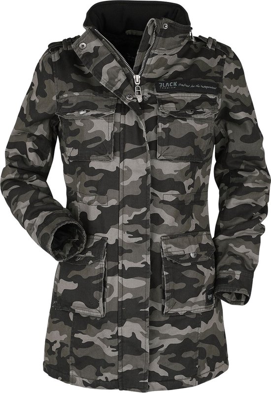 Dames camouflage jas met rits en meerdere zakken. Zwart, grijs en groen camouflagepatroon. Label 'BLACK PREMIUM'.
