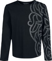 Zwart shirt met lange mouwen en grijs ornamentprint op de linker mouw en schouder.