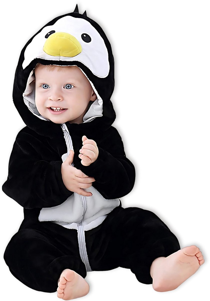 BoefieBoef Dieren Kleuter Onesie Peuter Pyjama Kinderen 2 tot 4 jaar – Verkleedkleding met Luierrits – Carnaval Dierenpak - Kerst en Kraamcadeau - Zacht Flanel - Baby Romper - Boxpak - Jongens - Meisjes - Kruippak - Winterpak - Pinguïn Zwart Vogel