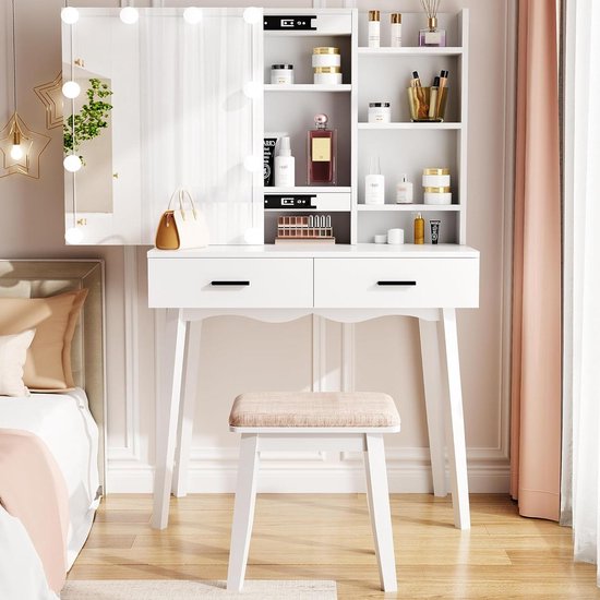 LIANWANG Make-uptafel met spiegel, kaptafel met ledverlichting, 3 kleurtemperaturen en instelbare helderheid, 1 kruk, 6 laden, wit, 3056M719, 131 x 80 x 36 cm