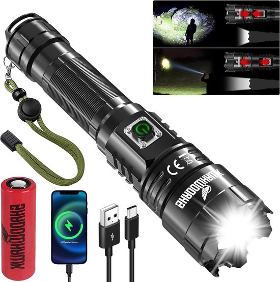 Zaklamp LED 15000 lumen, USB oplaadbare zaklamp met 5 lichtmodi, IPX5 waterdichte zoombare tactische zaklamp voor kamperen, wandelen, noodgevallen (26650 batterij inbegrepen Zaklamp LED 15000 lumen, USB oplaadbare zaklamp met 5 lichtmodi, IPX5 waterdichte zoombare tactische zaklamp voor kamperen, wandelen, noodgevallen (26650 batterij inbegrepen