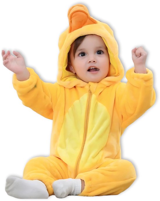 BoefieBoef Dieren Baby Onesie Peuter Pyjama Kinderen 6 maanden tot 2 jaar – Eend – Verkleedkleding met Luierrits – Carnaval Dierenpak - Kerst en Kraamcadeau Tip – Zacht Flanel - Romper - Boxpak - Jongens - Meisjes - Kruippak - Winterpak - Geel - Duck