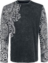 Zwart shirt met lange mouwen, Keltische print op de schouders en mouwen, verweerde textuur.