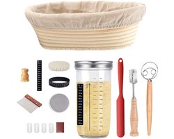 foto van 360 Living - Zuurdesem Starter Set - Zuurdesem - Rijsmand 25cm - Zuurdesem Pot 730ML - Alle benodigheden - Rijsmandje Broodbakken - Sourdough Starter Kit - incl Deegklopper- Deegmesje - Deegschraper - Bloemborstel - Spatel