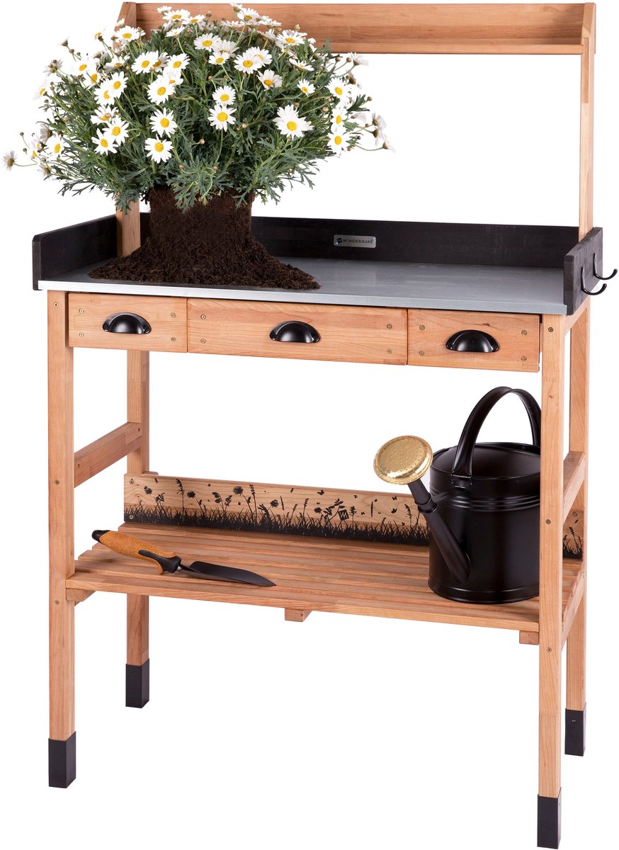 WONDERMAKE® premium plantentafel van kersenhout met laden weerbestendig, tuinwerktafel XL buiten buitenbalkon van hoge kwaliteit, tuinmanstafel, donkerbruin zwart