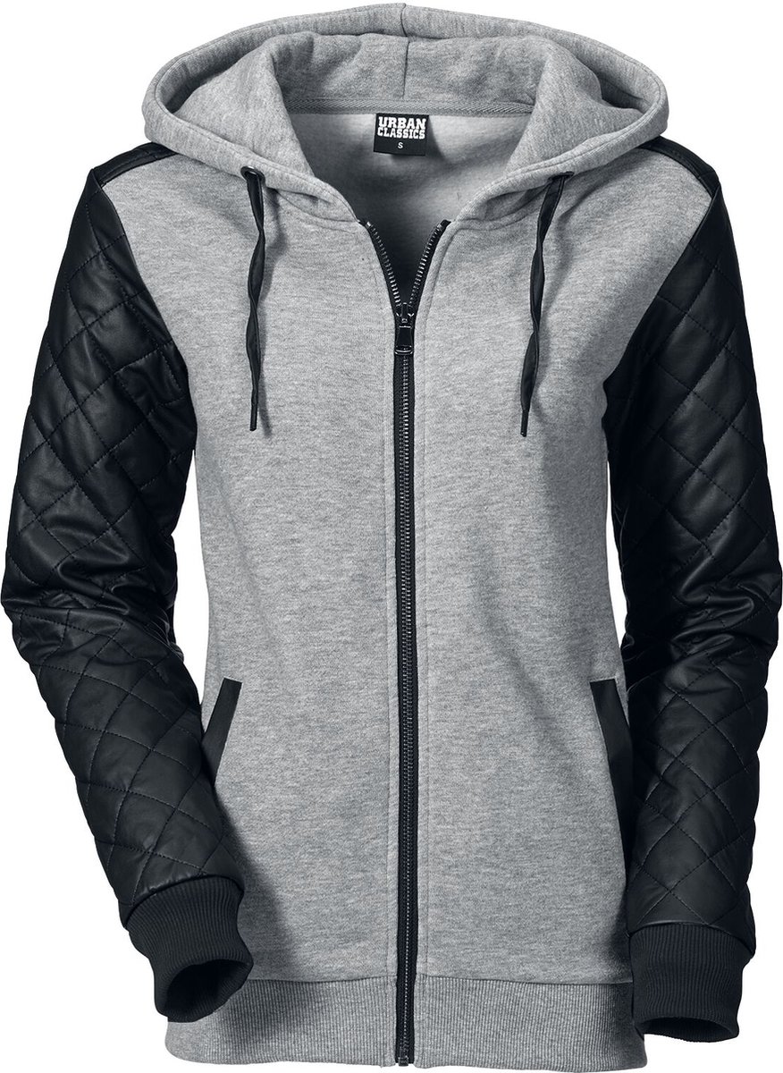 Urban Classics Ladies Diamond Leather Imitation Sleeve Zip Hoodie Vest met capuchon S Zwart