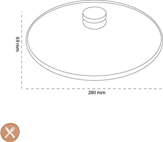 Technische tekening van een glazen deksel met metalen rand, 280mm breed en 69mm hoog.