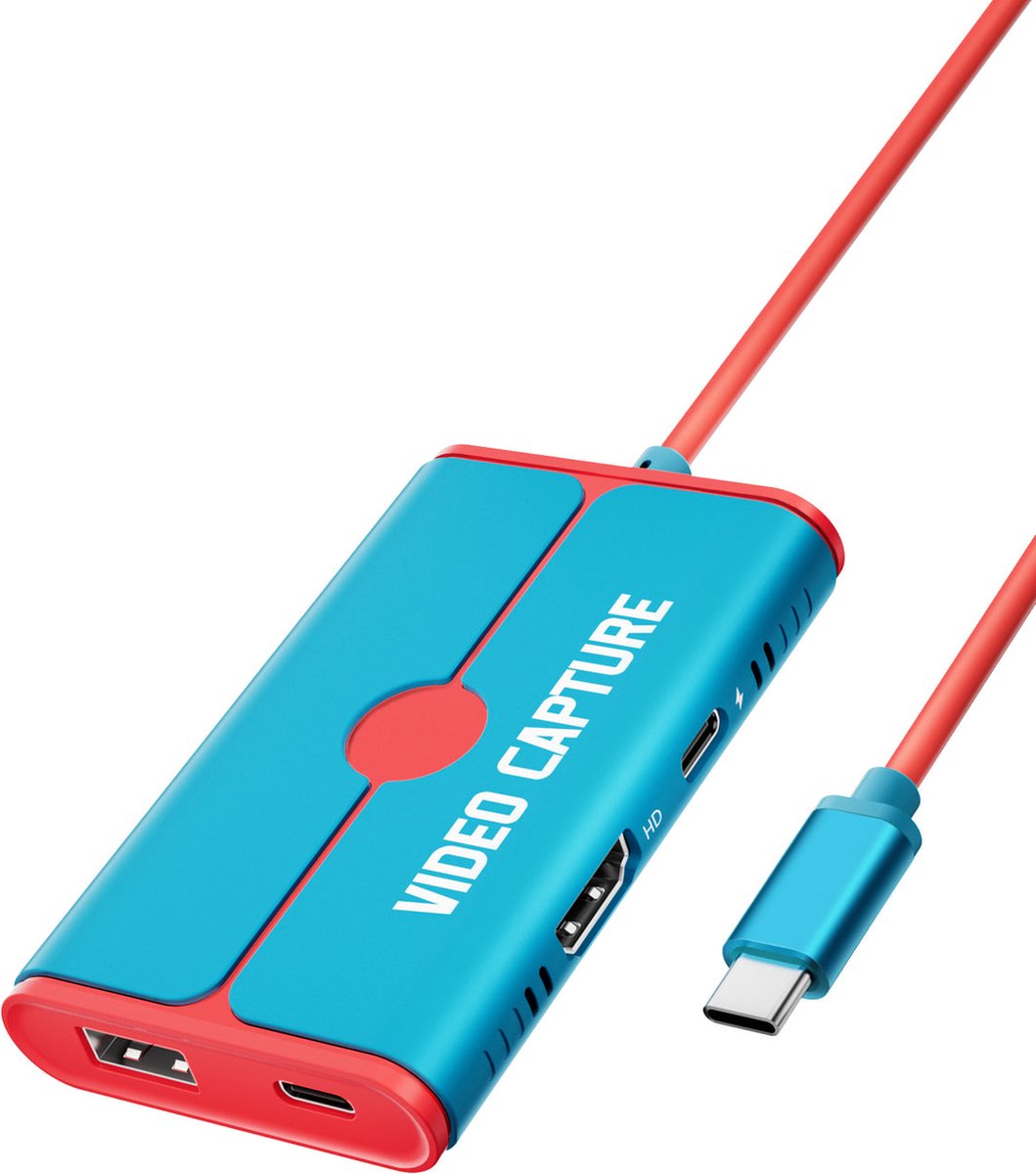 Lemorele™ AC08 - Video Capture Card - 1080P@60Hz - USB C naar HDMI - 100W PD Voeding - Compatibel met PC, Console, Mobiele Apparaten & Stream Deck/Switch - Voor Professionele Streaming en Gaming - Blauwe/Rood