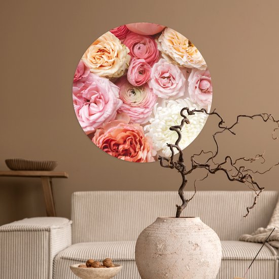 WallCircle® - Papier peint cercle 50x50 cm - Stickers muraux Fleurs - Roses - Rose - Cercle mural salon - Cercle mural chambre - Décoration de chambre autocollante - Accessoires de Décoration murale