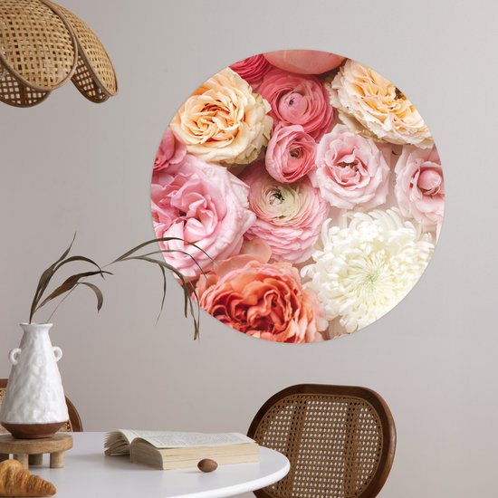 WallCircle® - Papier peint cercle 50x50 cm - Stickers muraux Fleurs - Roses - Rose - Cercle mural salon - Cercle mural chambre - Décoration de chambre autocollante - Accessoires de Décoration murale