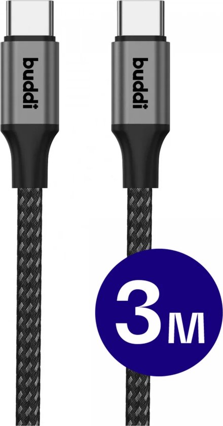 Buddi Flex - USB-C naar USB-C Kabel 60W Fast Charge 20V/3A | Power Delivery - 480Mbps Dataoverdracht - Gevlochten Nylon - o.a geschikt voor iPhone 15/16/17, Samsung S25-Serie en meer - 3M Zwart