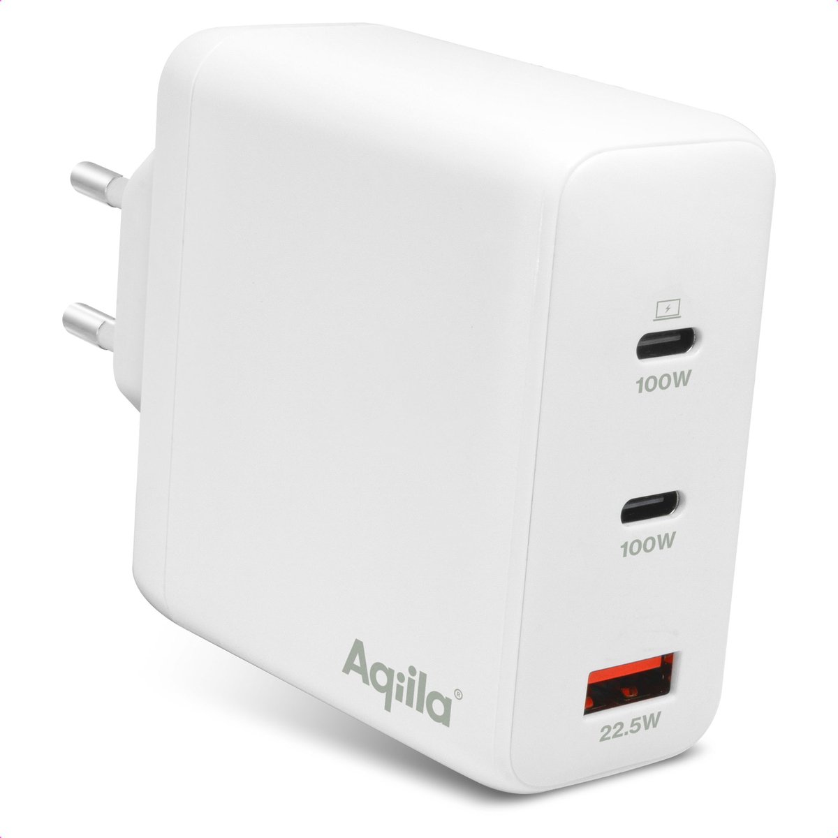 Aqiila USB oplader, 120W, USB-C Adapter, Snellader GaN, PD Power Delivery Quick Charge, PPS, 2x USB-C, 1x USB-A, 100-240V, Chargebird W4 Wit