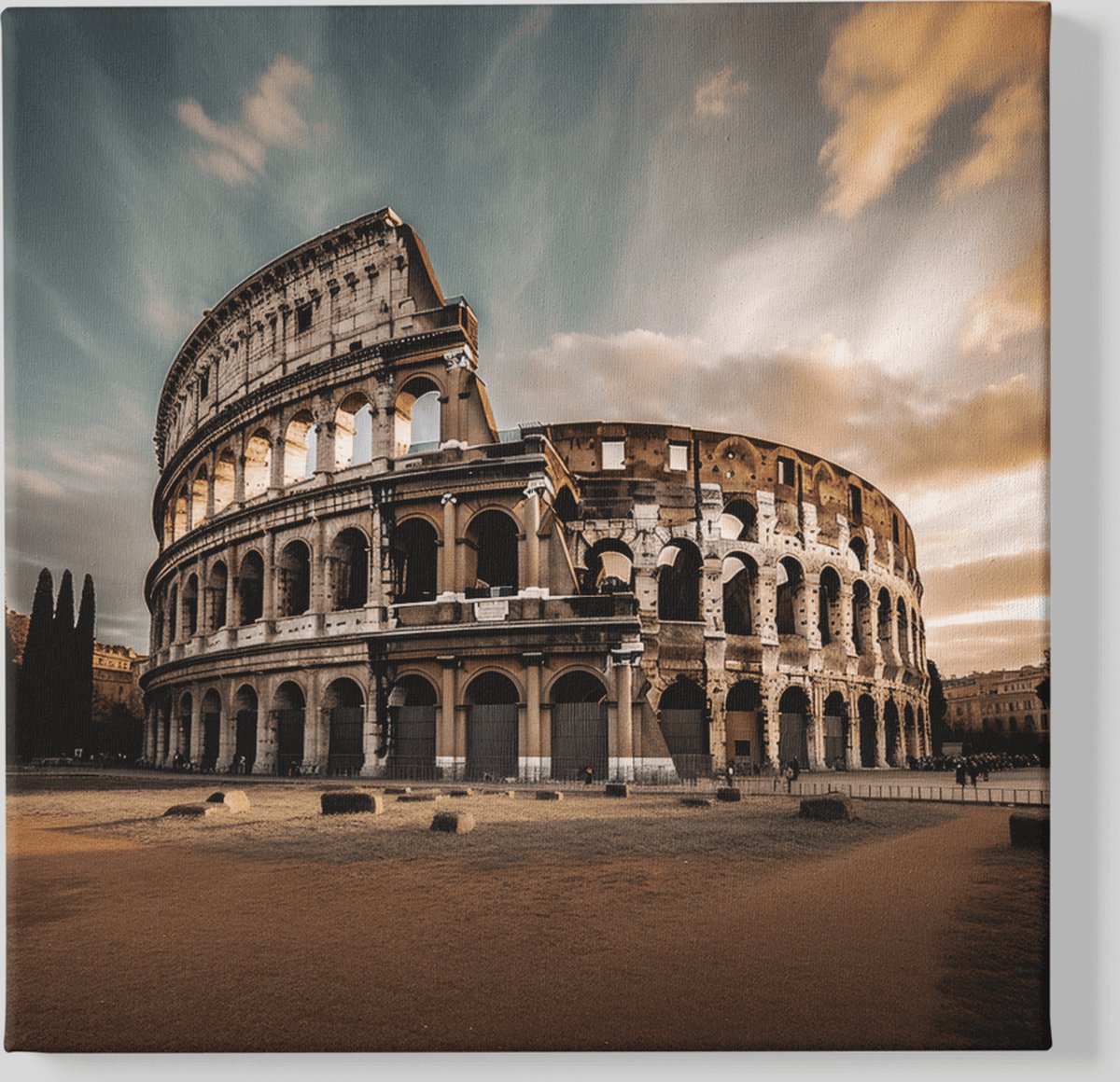 Trendex Global Vierkant Canvas Schilderij - Roma - Coliseum - Wanddecoratie - 40x40x2 cm Bruin