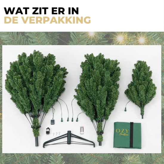 Composants d'un sapin de Noël artificiel : parties de l'arbre, support, éclairage, télécommande et un sac de rangement vert.