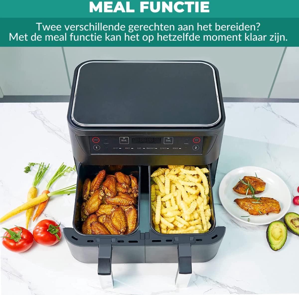 Afbeelding 3 van Equivera Dubbele Airfryer - Dubbele Mand - Dual Cook - Heteluchtfriteuse - Verschillende Programma's - Dual Zone - Mega